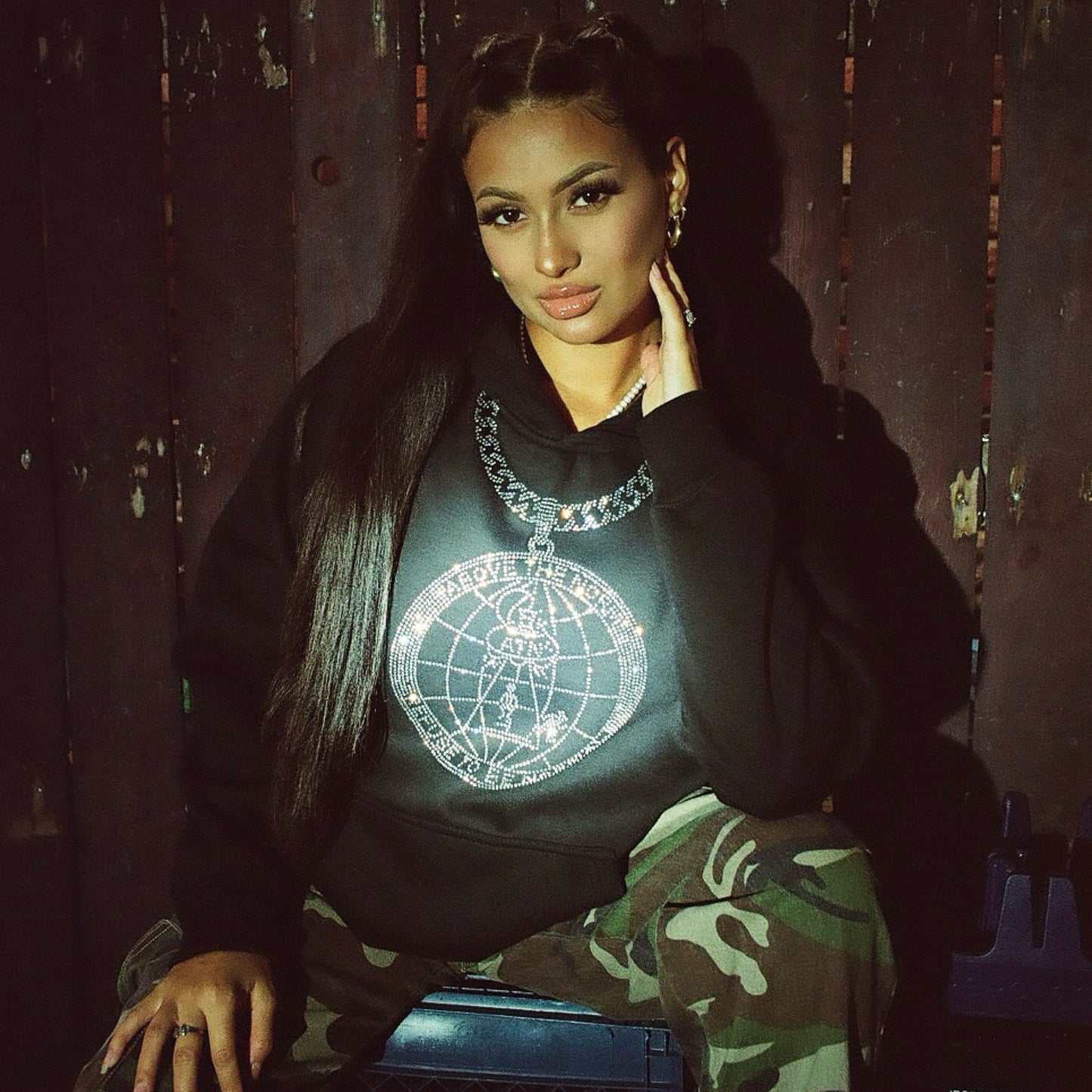 Rhinestone Logo Chain Hoodie